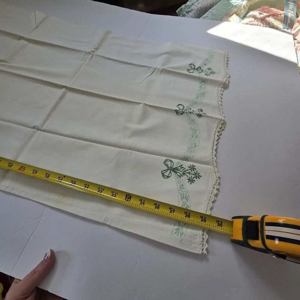 Vintage Embroidery Floral Pillowcases PAIR Cottage Core Granny Boho Green Floral